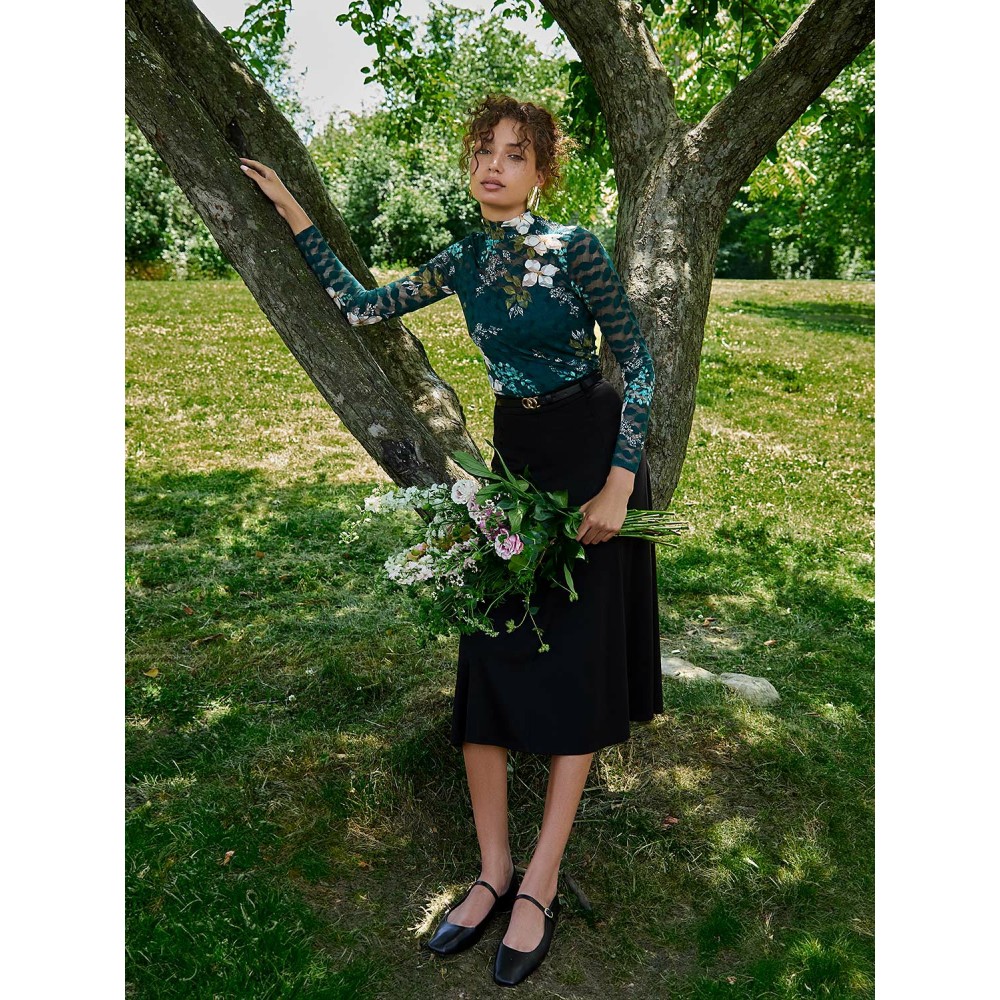 Lace Floral Print Mock Neck Top