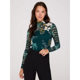 Lace Floral Print Mock Neck Top