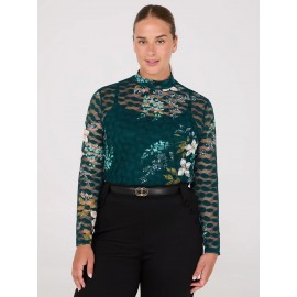 Lace Floral Print Mock Neck Top