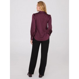 Dot Print Satin Volume Sleeve Button-Front Blouse