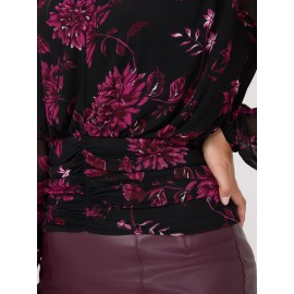 Floral Print Mesh Top With Ruched Waistband