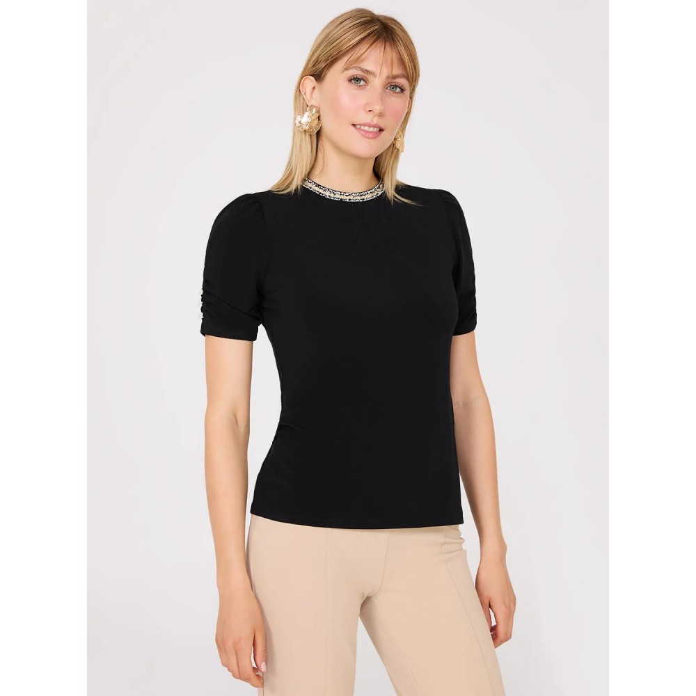 Short Puff Sleeve Boucle Neck Top