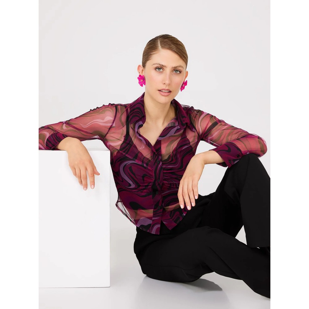 Abstract Print Ruched Button-Front Mesh Blouse