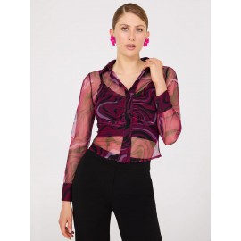 Abstract Print Ruched Button-Front Mesh Blouse