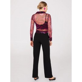 Abstract Print Ruched Button-Front Mesh Blouse