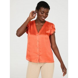 Crinkle Satin Ruffle Sleeve Button-Front Blouse