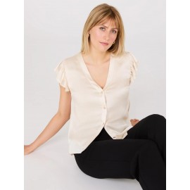 Crinkle Satin Ruffle Sleeve Button-Front Blouse