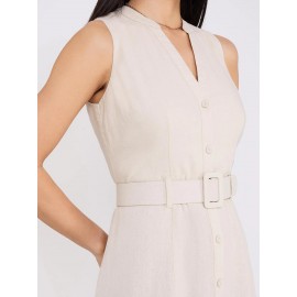 Linen Split Neck Belted Fit & Flare Dress