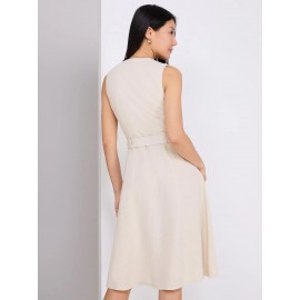 Linen Split Neck Belted Fit & Flare Dress