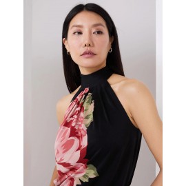 Floral Placement Mock Neck Halter Top