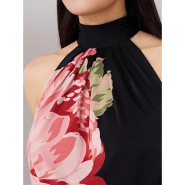 Floral Placement Mock Neck Halter Top