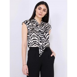 Animal Print Satin Bow Blouse