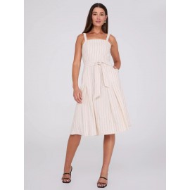 Striped Linen Knee Length Dress With Pockets
