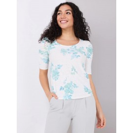 Floral Print Eyelet Top With Ruched Sleeves