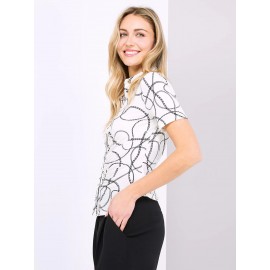 Chain Print Button-Front Short Sleeve Blouse