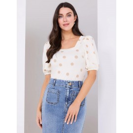 Dot Print Puff Sleeve Square Neck Top