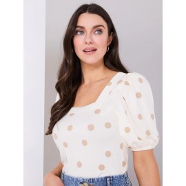 Dot Print Puff Sleeve Square Neck Top