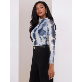 Printed Mesh Mock Neck Top