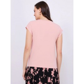 Pleated Short Sleeve Top With Metal Bar Detail