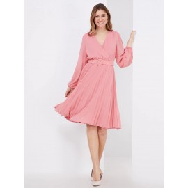 Crossover Belted Midi Dress With Pleated Skirt