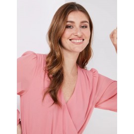 Crossover Belted Midi Dress With Pleated Skirt