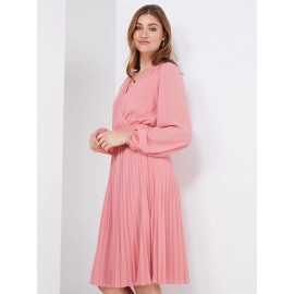 Crossover Belted Midi Dress With Pleated Skirt