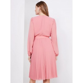 Crossover Belted Midi Dress With Pleated Skirt