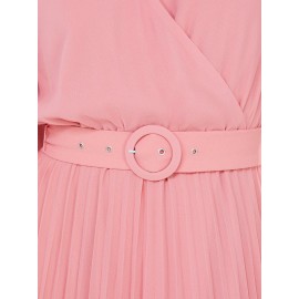 Crossover Belted Midi Dress With Pleated Skirt