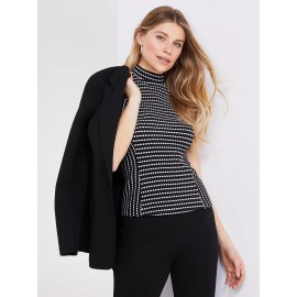Printed Textured Sleeveless Mock Neck Top