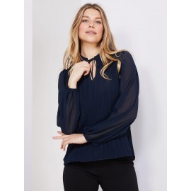 Pleated Chiffon Split Neck Popover Blouse