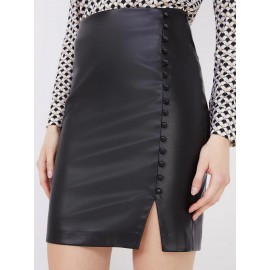 Faux Leather Pencil Skirt With Button Details