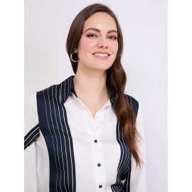 Colour Block Striped Satin Button-Front Blouse