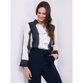 Colour Block Striped Satin Button-Front Blouse