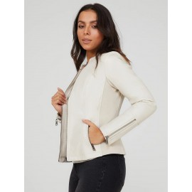Collarless Faux Leather Jacket