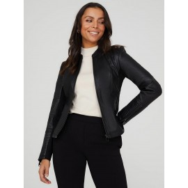 Collarless Faux Leather Jacket
