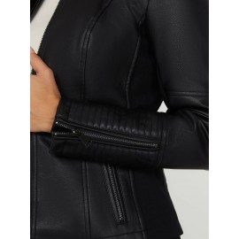 Collarless Faux Leather Jacket