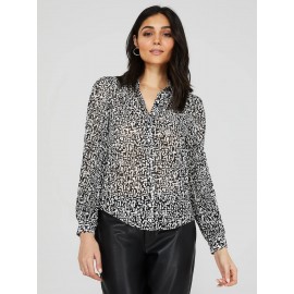 Printed Button-Front Blouse With Pleated Sleeves