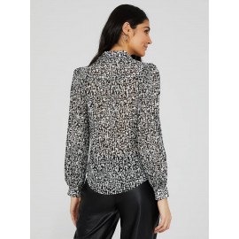 Printed Button-Front Blouse With Pleated Sleeves
