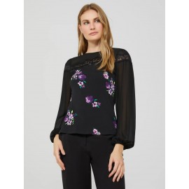 Long Balloon Sleeve Ditsy Floral Crew Neck Top