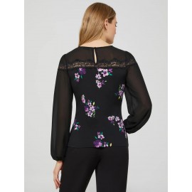 Long Balloon Sleeve Ditsy Floral Crew Neck Top