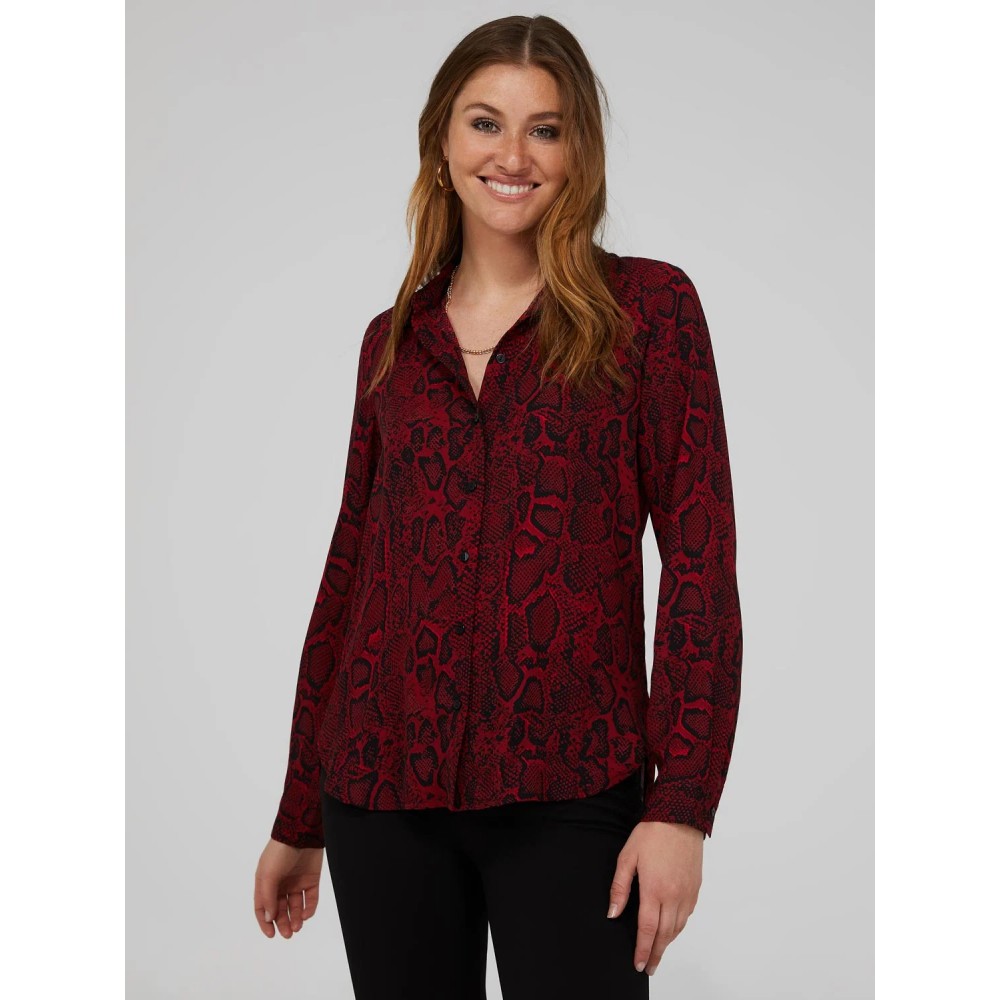 Snakeskin Print Crepe Long Sleeve Button-Front Blouse