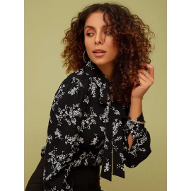 Printed Jewel Button Tie Neck Blouse