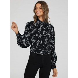 Printed Jewel Button Tie Neck Blouse