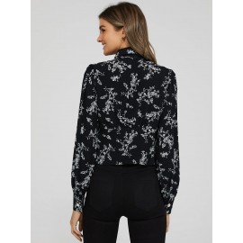 Printed Jewel Button Tie Neck Blouse