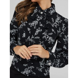 Printed Jewel Button Tie Neck Blouse