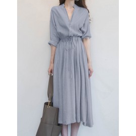 Solid Drawstring Waist Pocket Button Stand Collar Dress