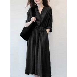 Solid Drawstring Waist Pocket Button Stand Collar Dress
