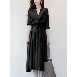 Solid Drawstring Waist Pocket Button Stand Collar Dress
