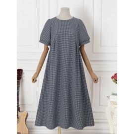 Women Gingham Plaid Crew Neck Casual Short Sleeve Dress