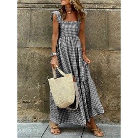 Women Gingham Ruffle Square Collar Tiered Sleeveless Dress